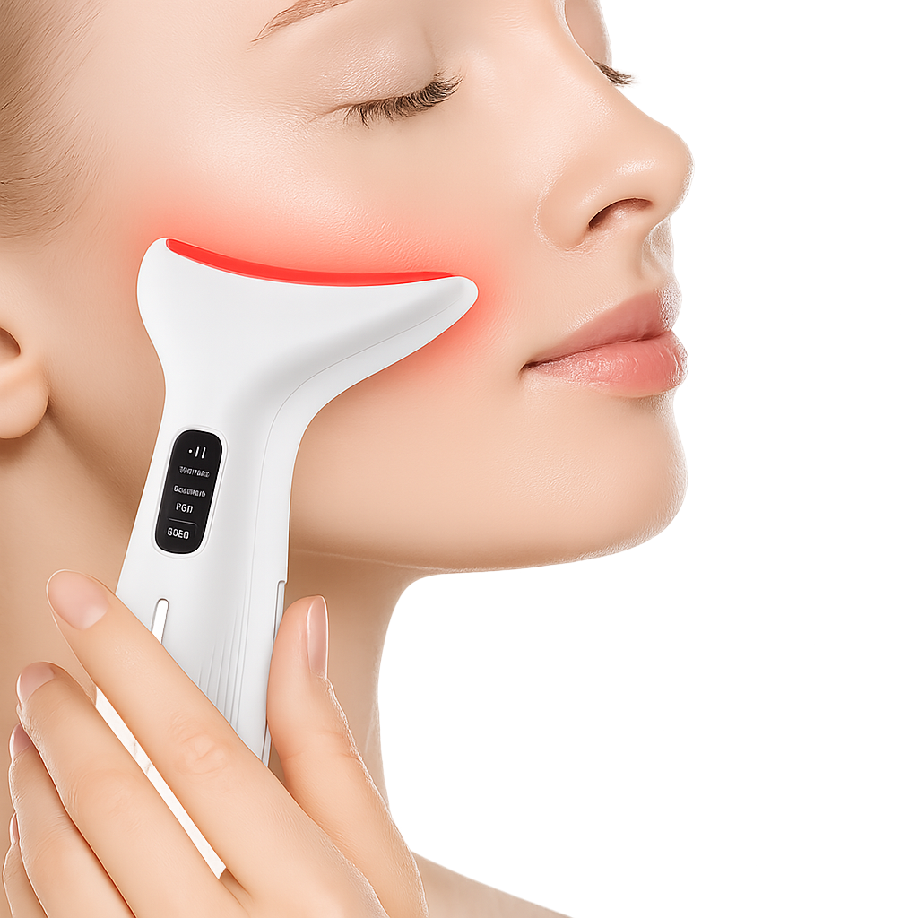 LED Face and Neck Massager (Blue, Red, Purple) for Wrinkles, Acne and Puffiness