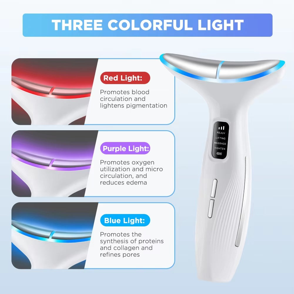 LED Face and Neck Massager (Blue, Red, Purple) for Wrinkles, Acne and Puffiness