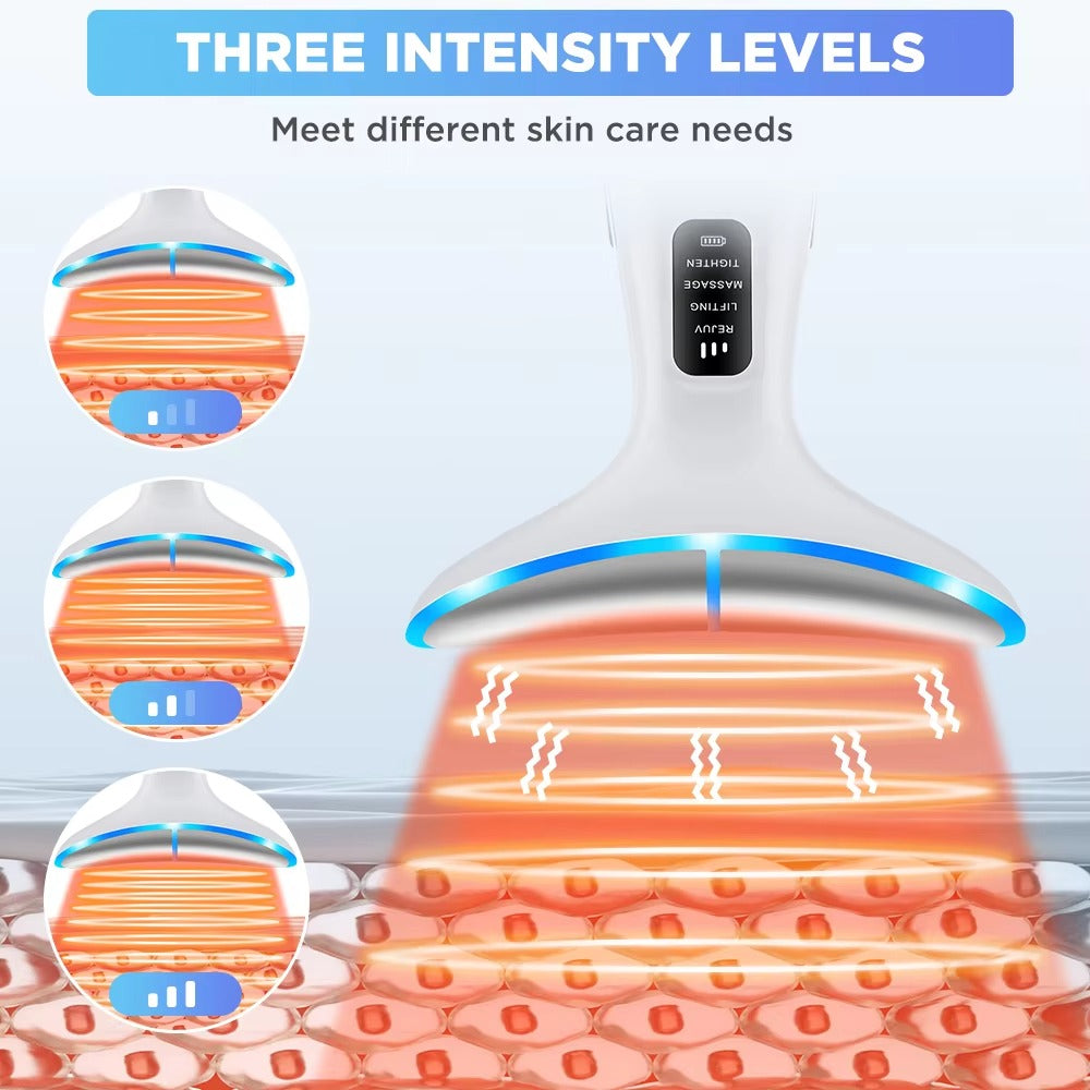 LED Face and Neck Massager (Blue, Red, Purple) for Wrinkles, Acne and Puffiness