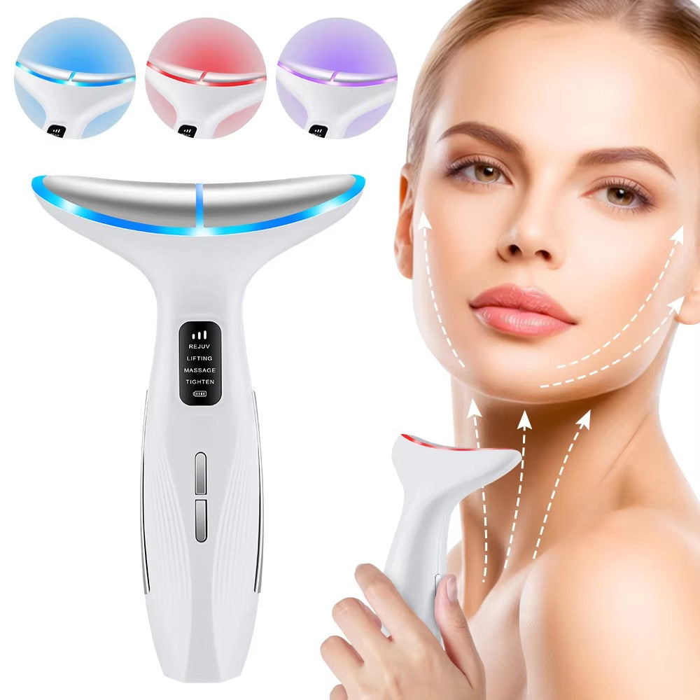 LED Face and Neck Massager (Blue, Red, Purple) for Wrinkles, Acne and Puffiness